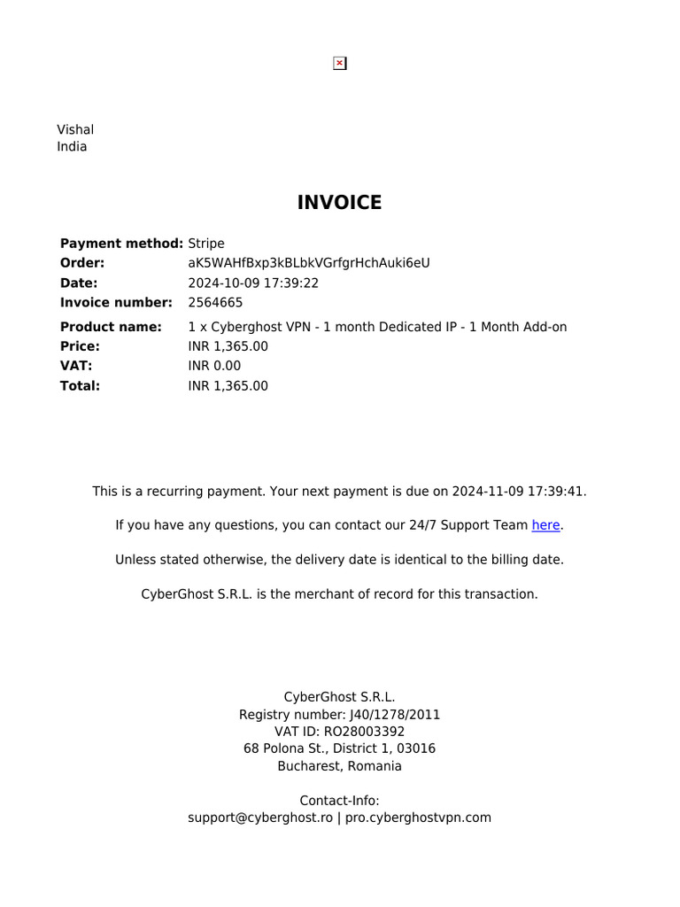 Romania to INR Invoice for VPN Service | PDF | Finance & Money Management