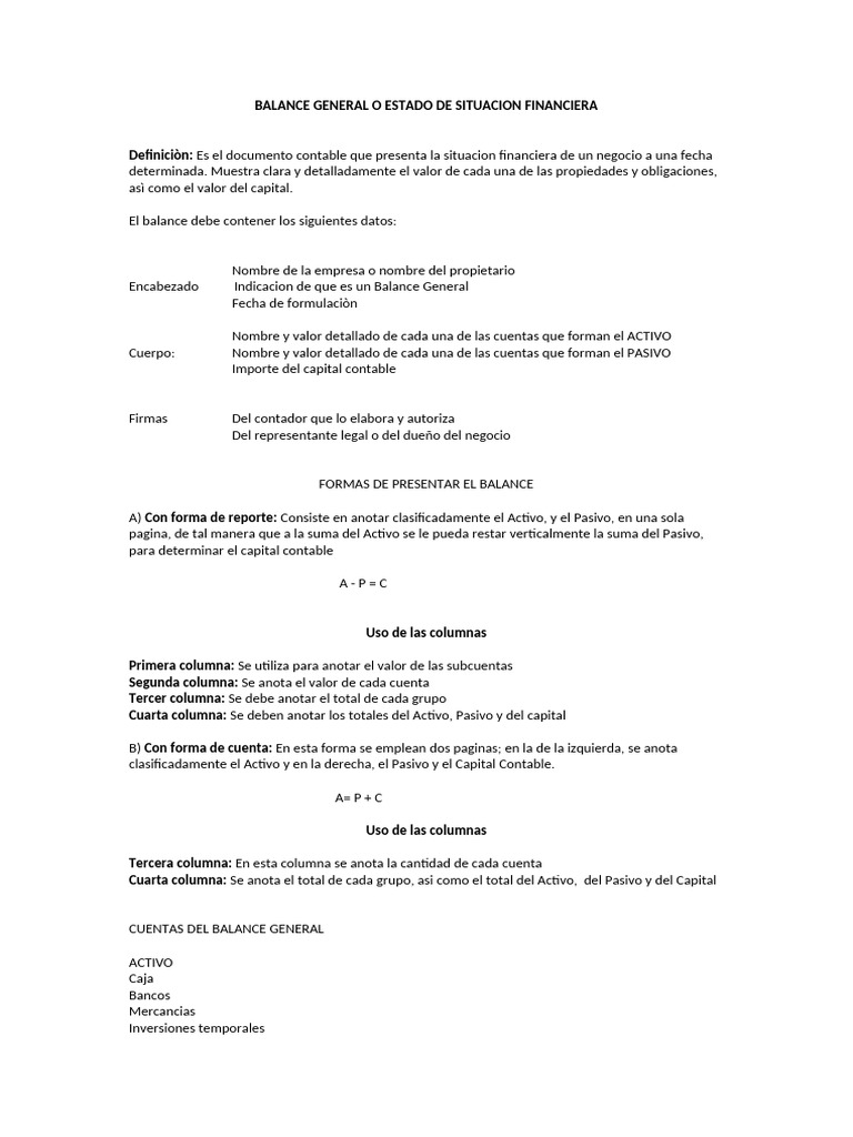 Balance General o Estado de Situacion Financiera | PDF | Contabilidad ...