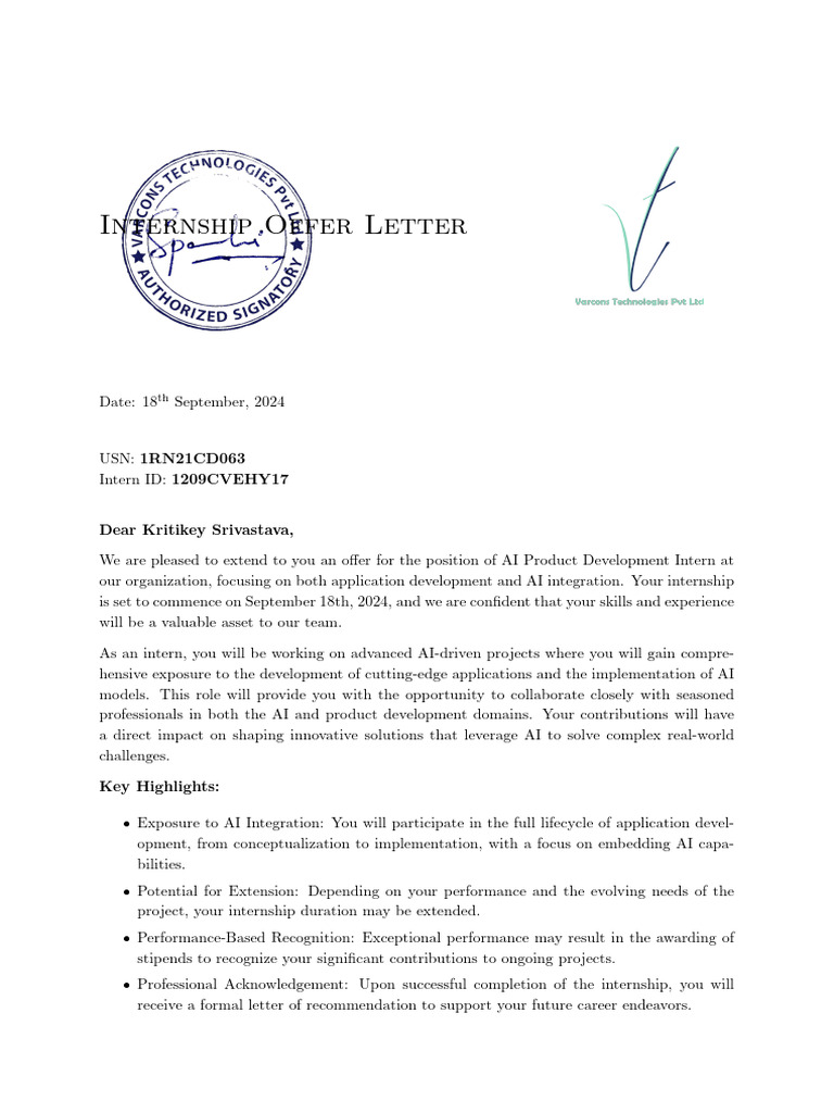 Pinnacle Labs Internship Offer Letter | PDF | Artificial Intelligence ...