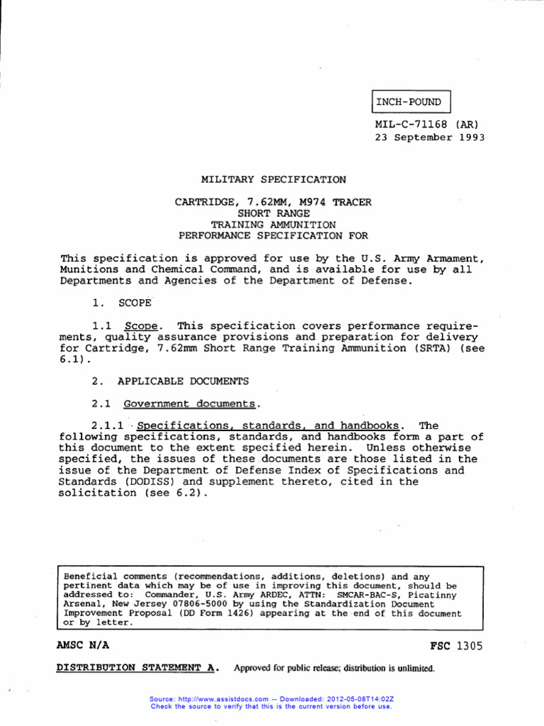7.62mm M974 Tracer Cartridge Specs | PDF | Cartridge (Firearms) | Gun ...