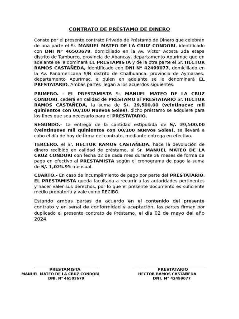 Contrato de Préstamo de Dinero | PDF | Finanzas personales | Préstamos
