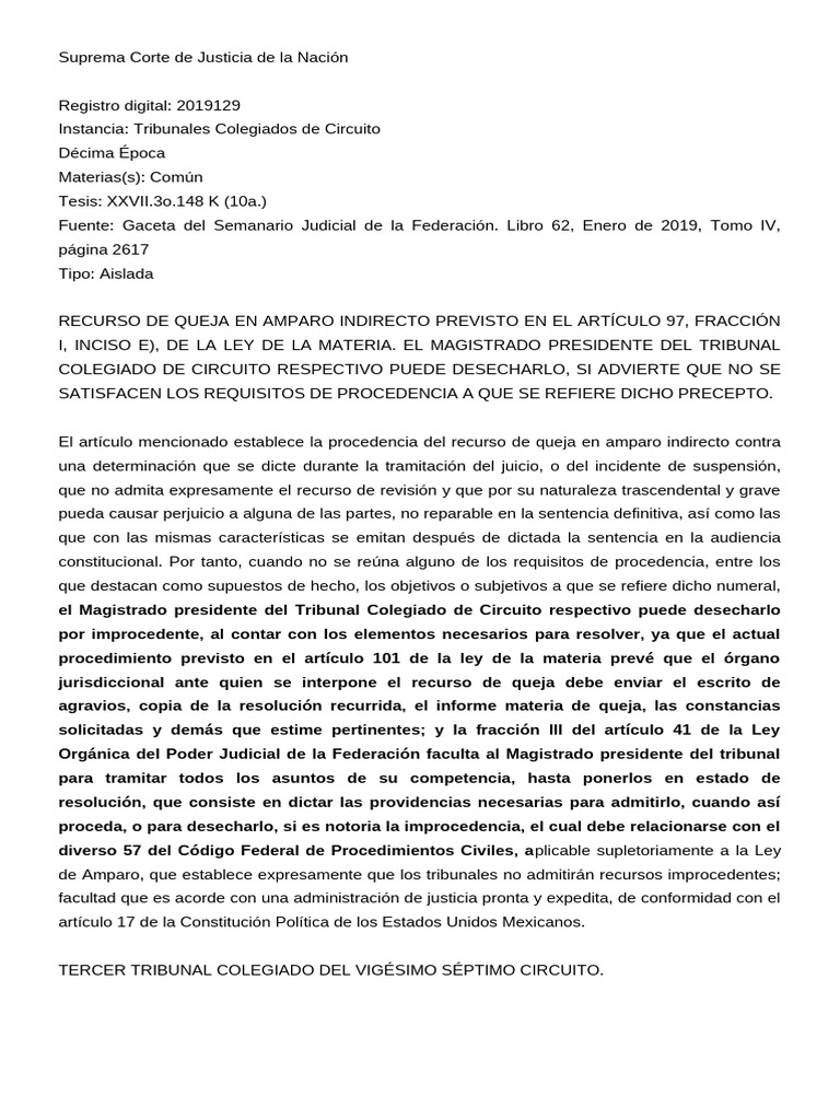 Recurso de Queja en Amparo Indirecto | PDF | Caso de ley | Sentencia (ley)
