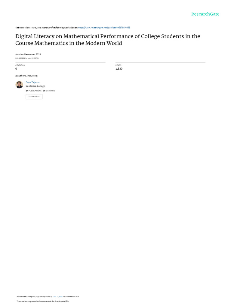 Digital Literacy On Mathematical Performance of College Students in The ...
