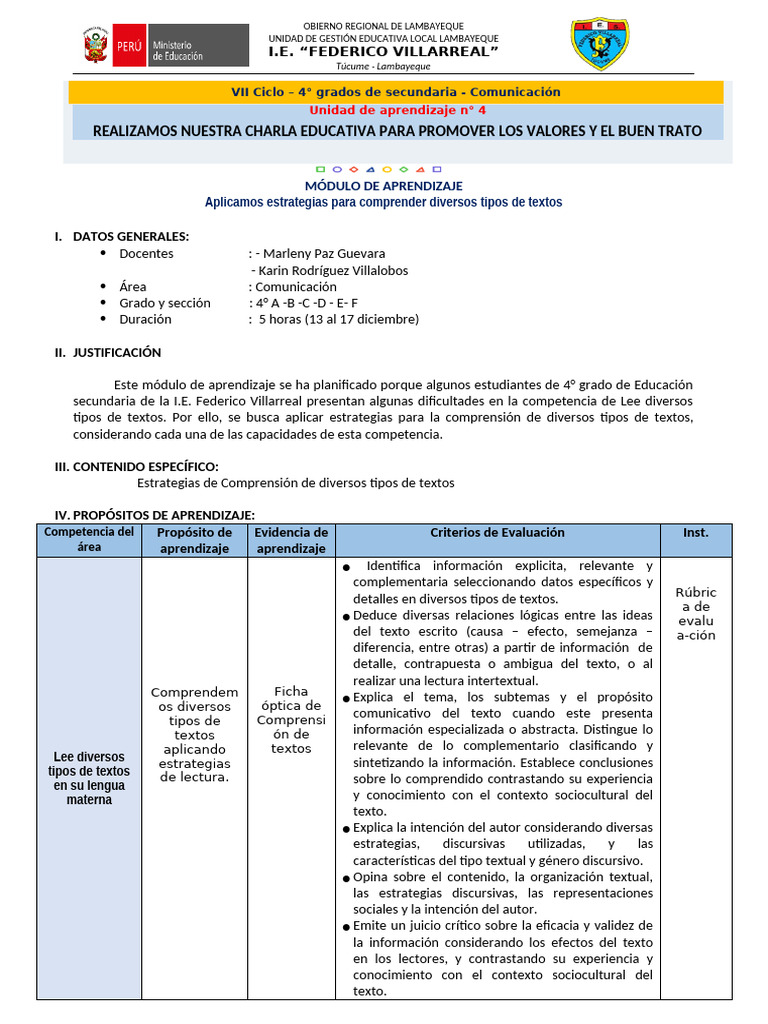 Módulo De Aprendizaje Pdf Aprendizaje Comprensión Lectora
