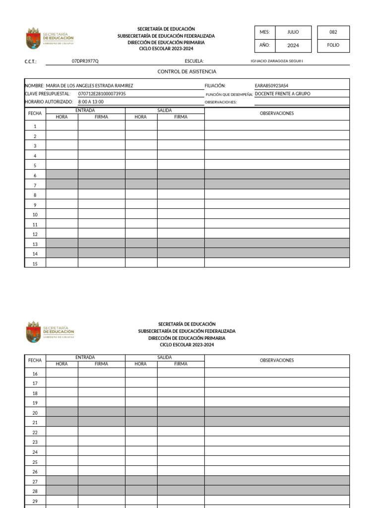 Control de Asistencia Docente 2024 | PDF