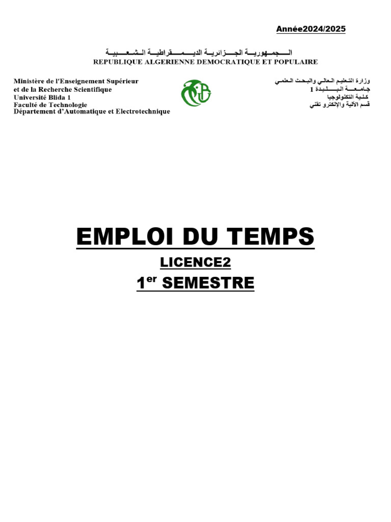Emploi du temps Licence 2 2024-2025 | PDF