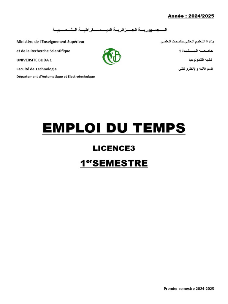 Emploi du temps Licence 3 2024-2025 | PDF | Électrotechnique