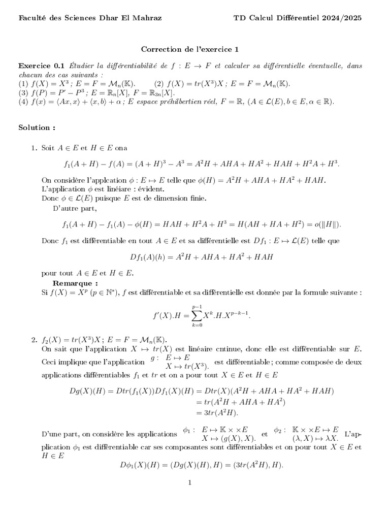 Correction TD Calcul Différentiel 2024/2025 | PDF | Géométrie | Théorie ...