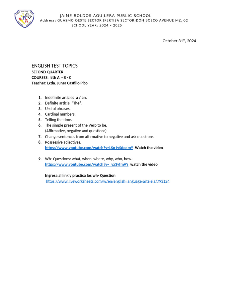 8th Grade English Test Topics 2024-2025 | PDF