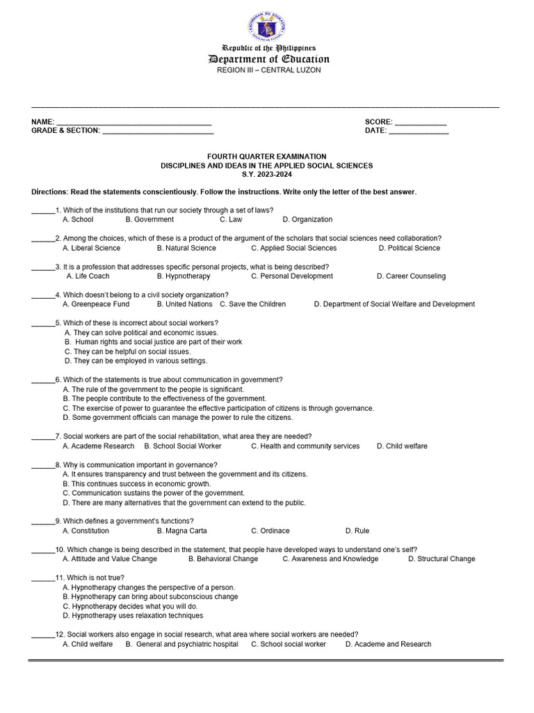 Grade-11 HUMSS DIASS Q4-Exam | PDF | Social Work | Social Sciences