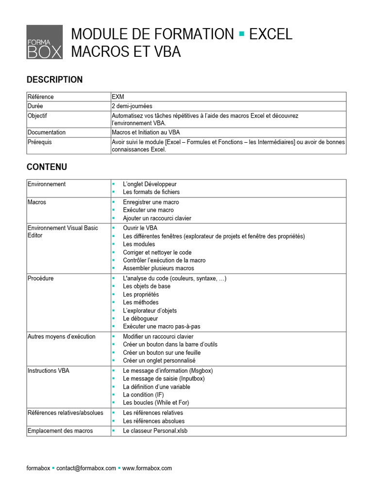 Formation Excel : Macros et VBA | PDF | Visual Basic for Applications ...