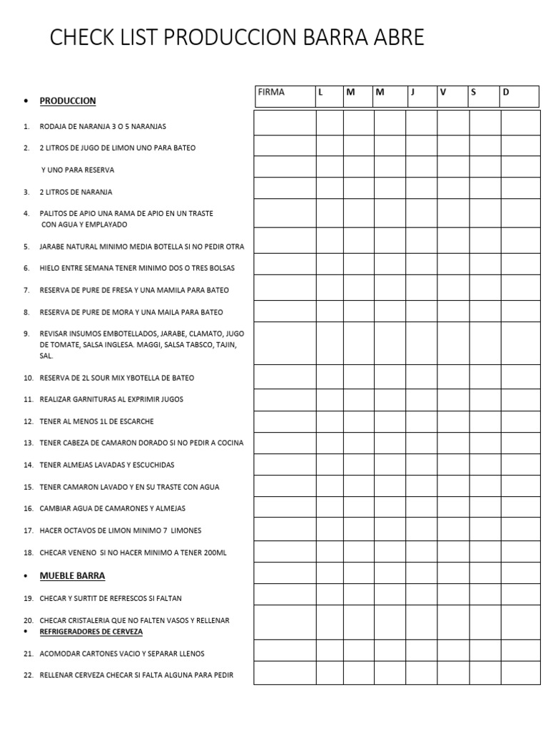 Checklist de Producción para Barra Abre | PDF