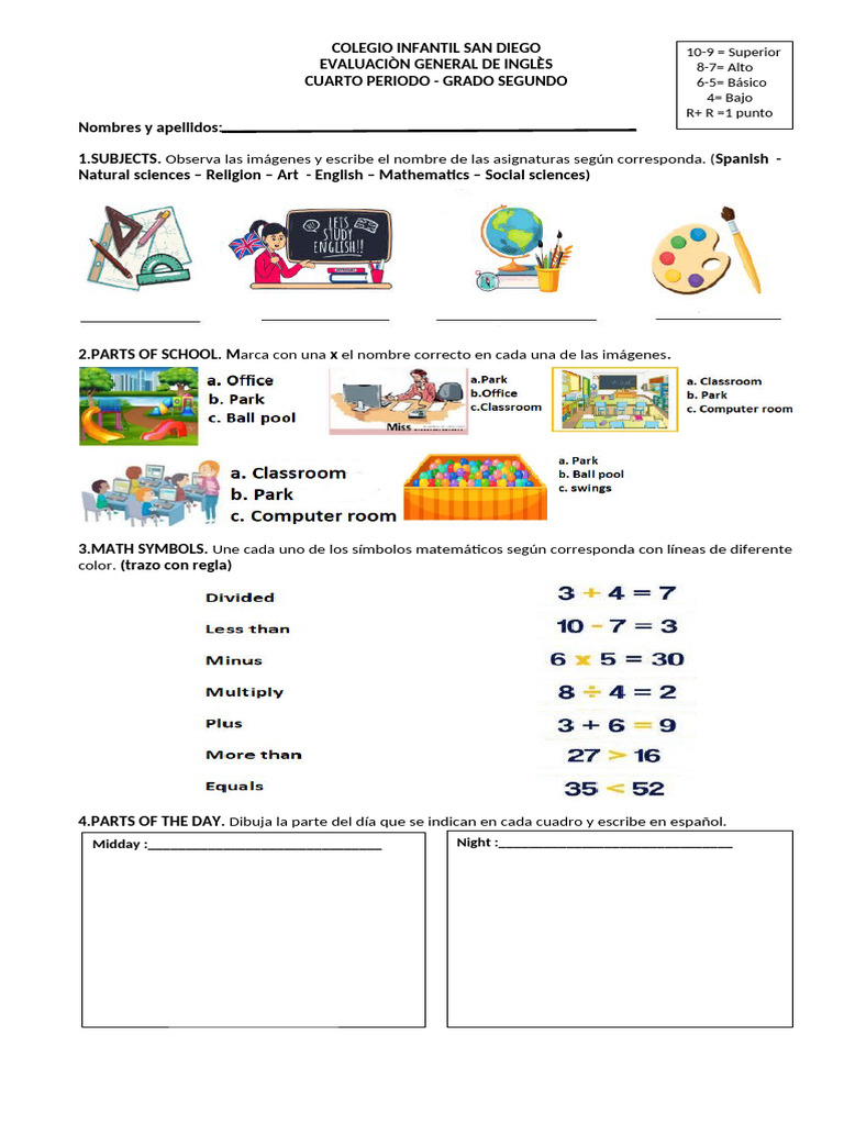 Evaluación de Inglés para Segundo Grado | PDF | Artes del Lenguaje y ...