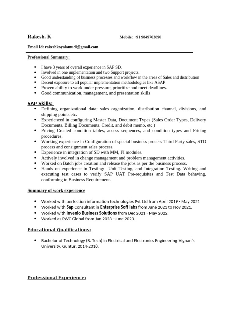 Rakesh Sap SD Profile | PDF | Specification (Technical Standard ...