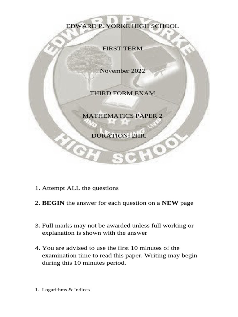 Mock 3rd Form Mathematics 1st Term 2022 | PDF | Area | Circle