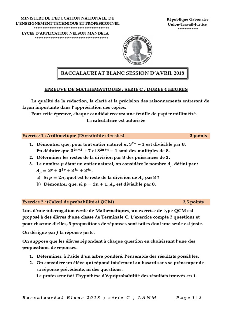 Épreuve de Maths Bac C 2018 | PDF | Fonction (Mathématiques) | Probabilité