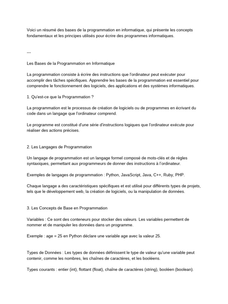 Introduction aux Bases de la Programmation | PDF | Programmation ...