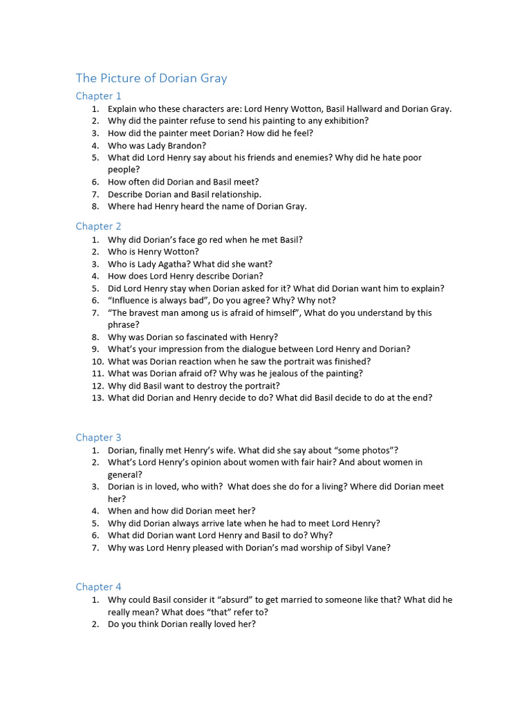 Dorian Gray Study Guide: Chapters 1-13 | PDF | The Picture Of Dorian Gray