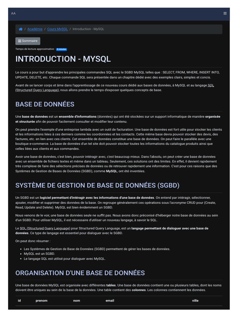 Introduction au cours MySQL et SQL | PDF | SQL | Bases de données