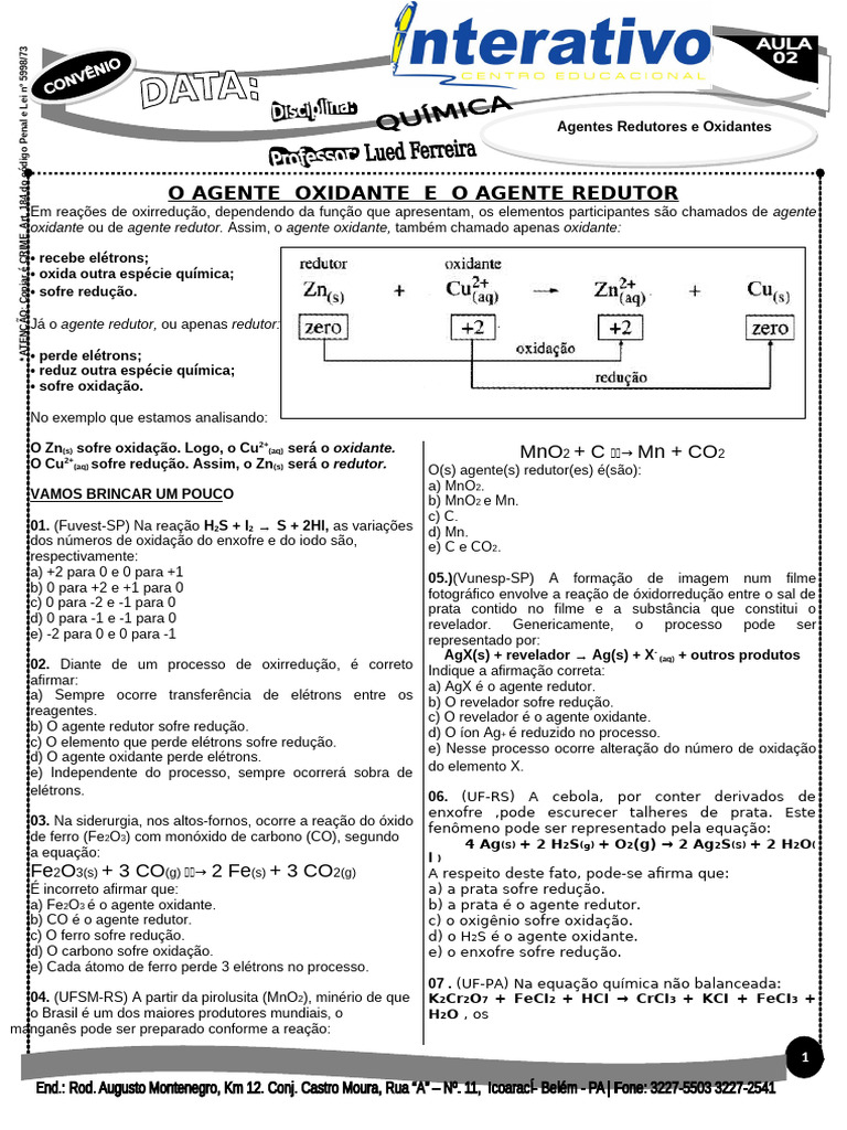 Agentes Oxidantes e Redutores em Reações | PDF | Redox | Reações químicas
