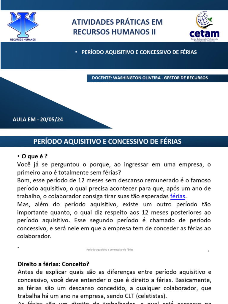 Aula - Período Aquisitivo e Concessivo de Férias | PDF | Férias ...