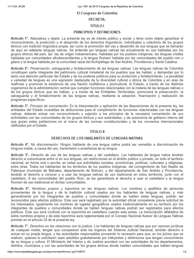 Ley 1381 de 2010 Congreso de La República de Colombia | PDF | Política ...