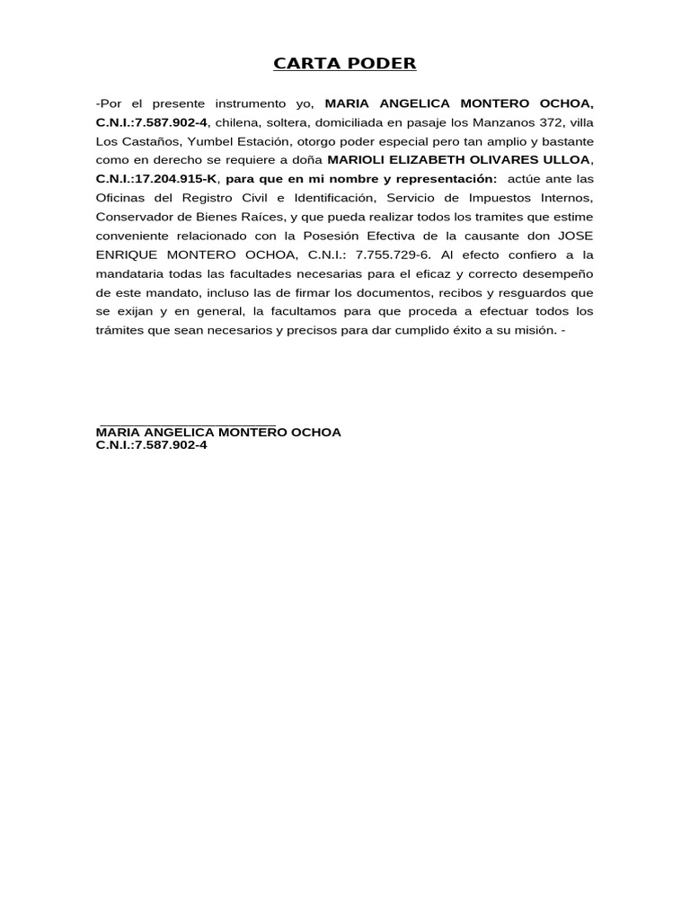 Carta Poder para Registro Civil Posesion Efectiva Maria | PDF
