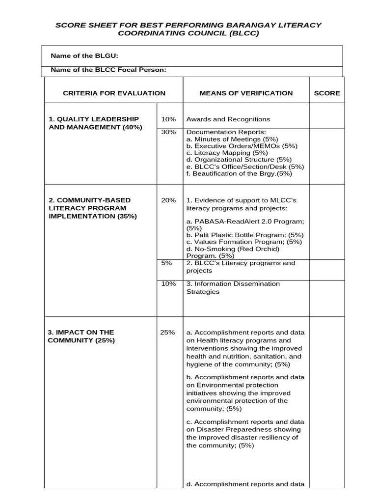 BLCC E-Learning Performance Score Sheet | PDF | Business | Science ...