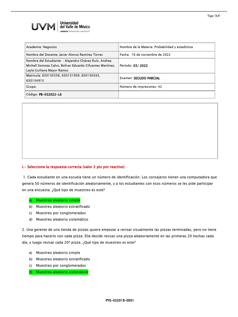 Examen Probilidad 16 11 22 PDF | PDF | Muestreo (Estadísticas ...