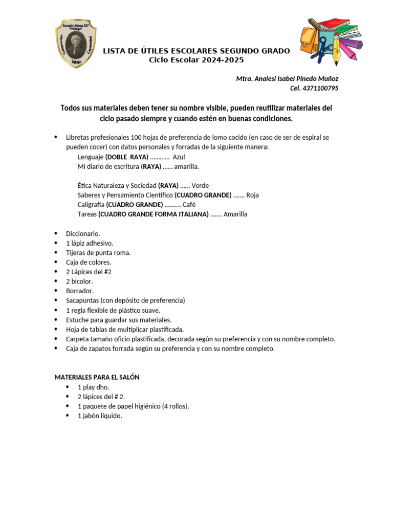 Lista de Útiles Escolares Segundo Grado | PDF