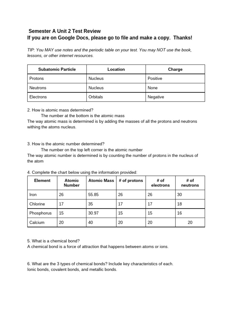 Semester A Chemistry Test Review Guide | PDF | Chemical Bond | Periodic ...