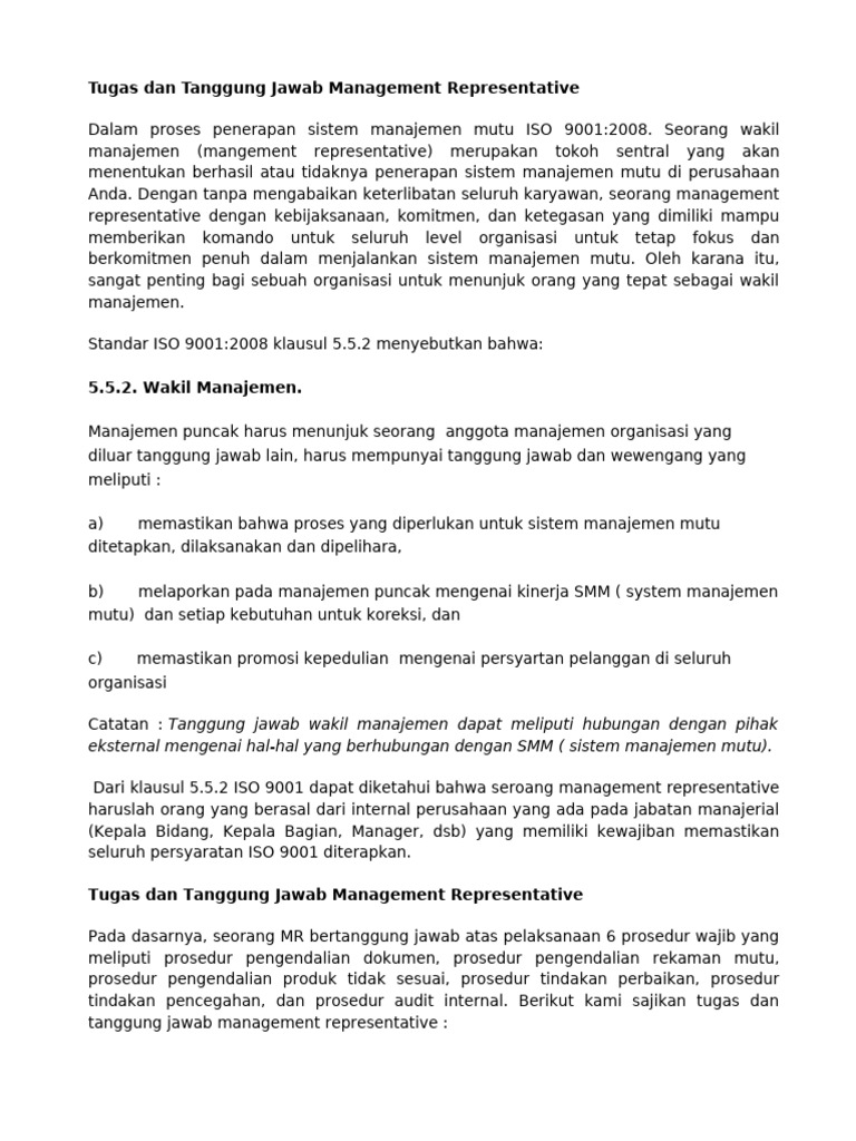 Tugas Management Representative ISO 9001 | PDF
