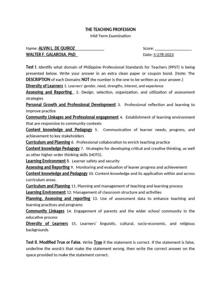 Midterm Exam for Teaching Profession | PDF | Learning | Teachers