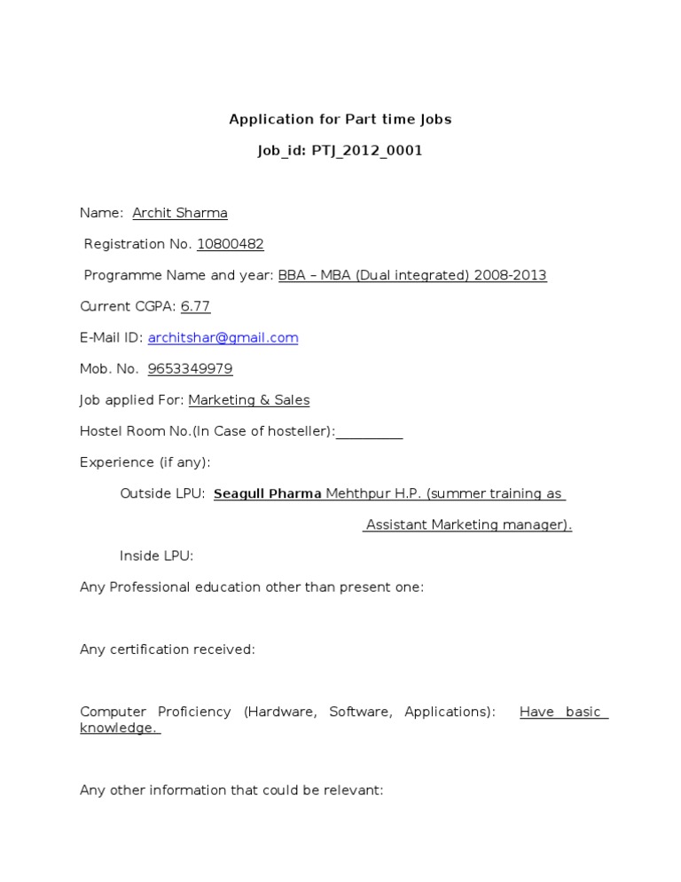 Part-Time Job Application: Marketing & Sales | PDF