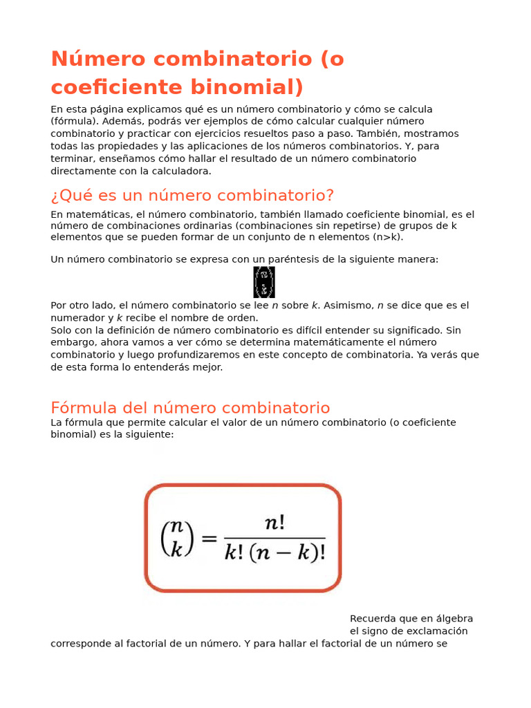 Propiedades y Cálculo de Números Combinatorios | PDF | Combinatoria ...