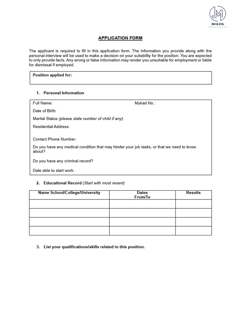 Application Form: Position Applied For | PDF