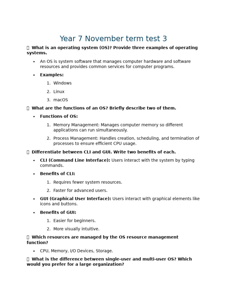 Year 7 OS and Software Concepts Test | PDF | Operating System ...