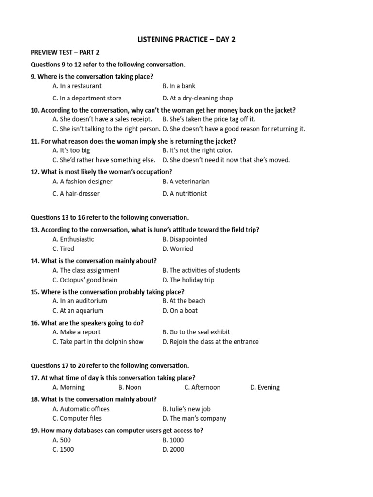 Listening Practice Day 2 Conversations Questions Pdf Human