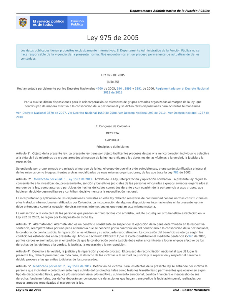 Ley 975 de 2005: Reincorporación y Paz | PDF | Judicaturas | Castigos