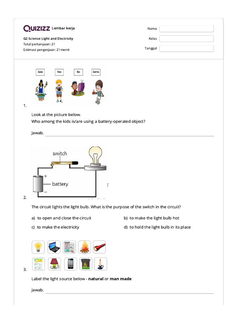 G2 Science: Light and Electricity Quiz | PDF | Electricity | Lighting