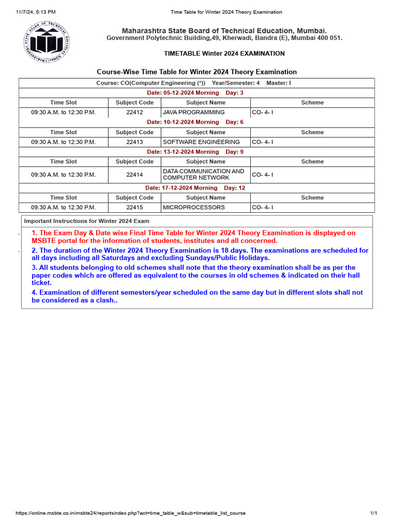MSBTE Winter 2024 Exam Timetable | PDF | Computers | Technology ...