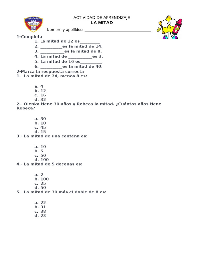 Ficha Mitad Pdf Métodos Y Materiales De Enseñanza Hogar