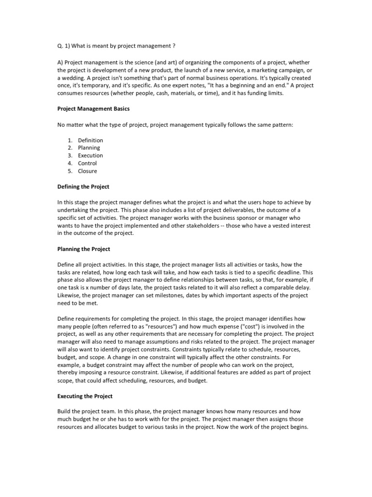 Project Management Questions and Answers