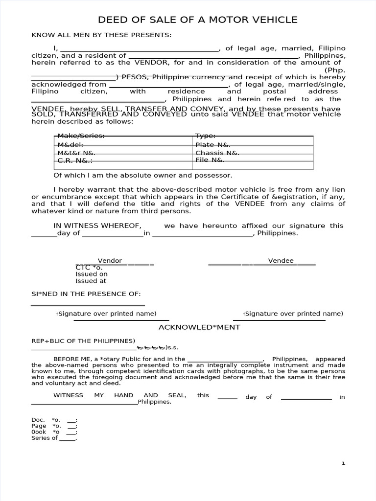 Open Deed of Sale for Motor Vehicle | PDF | Civil Law (Common Law)