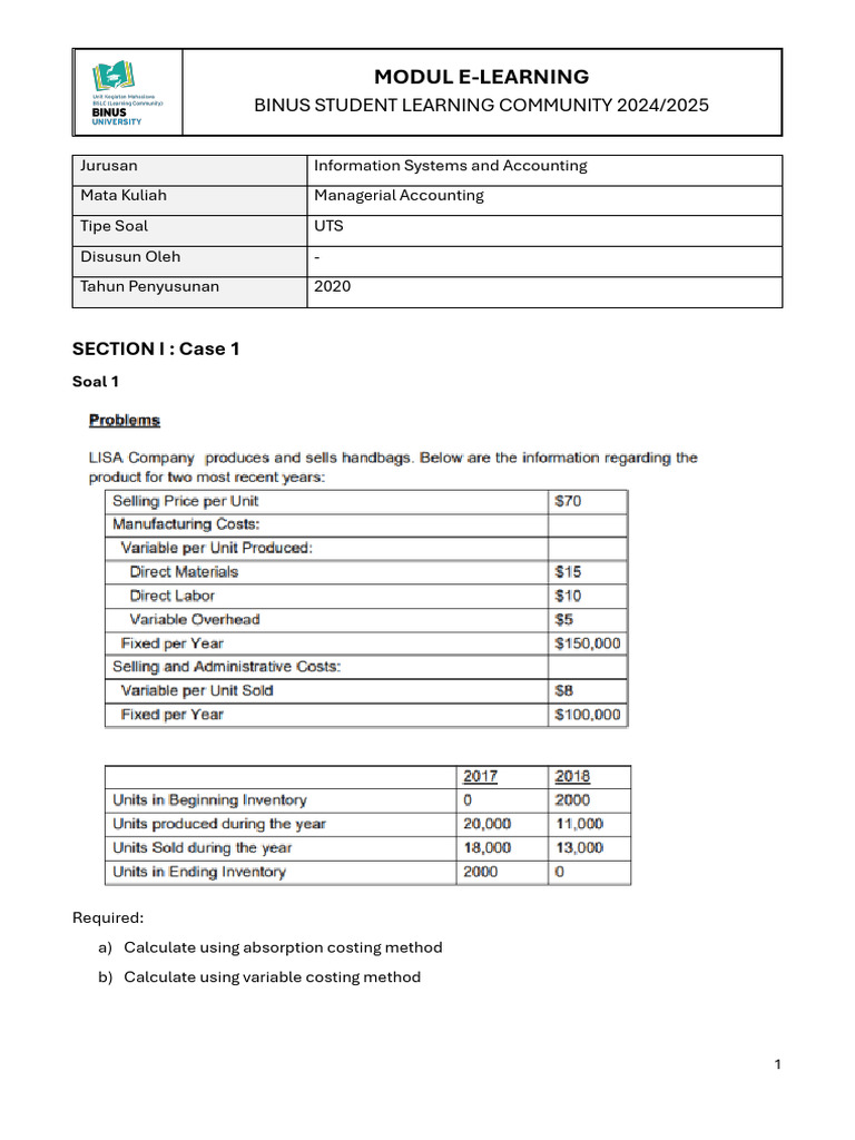 Managerial Accounting UTS 2024/2025 | PDF | Cost Of Goods Sold | Inventory