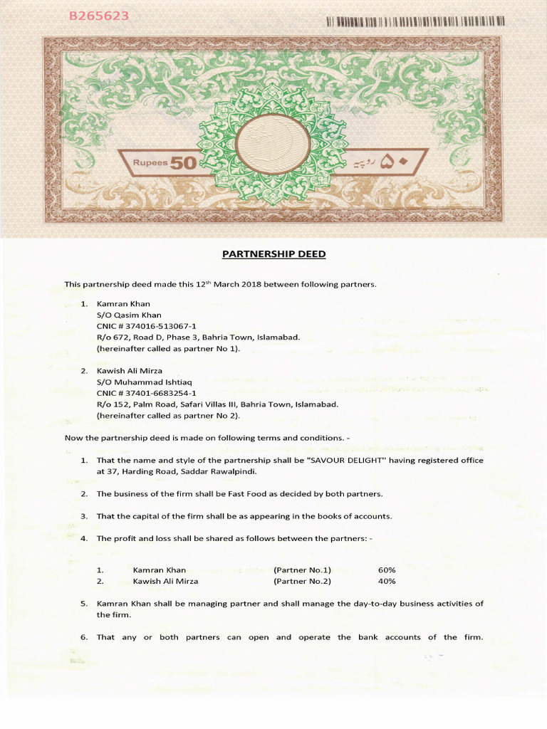 Partnersship Deed Kamran Khan & Kawish Ali Mirza | PDF