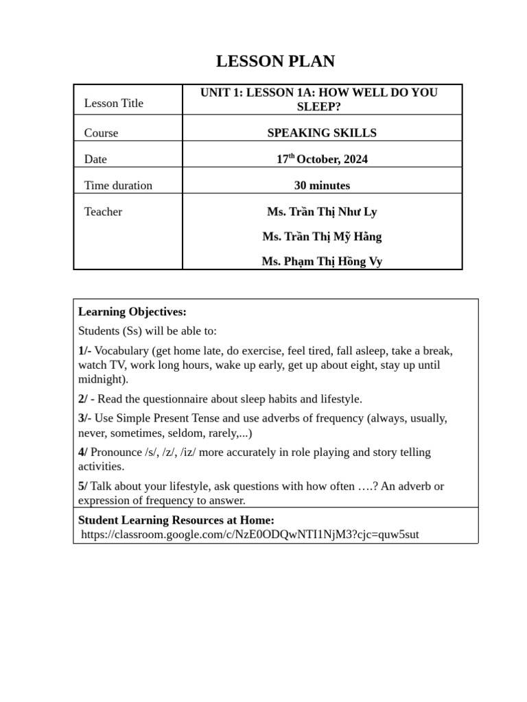 Sleep Habits Lesson Plan for Speaking Skills | PDF | Grammatical Tense ...