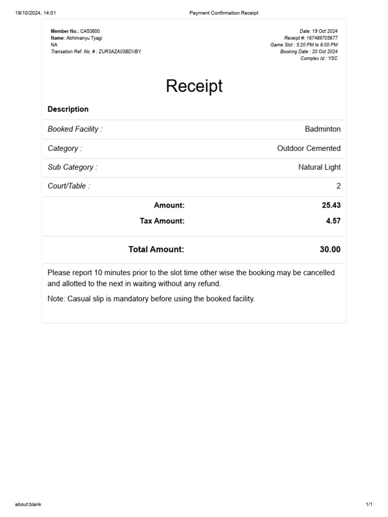 YSC Badminton Court Booking Receipt | PDF