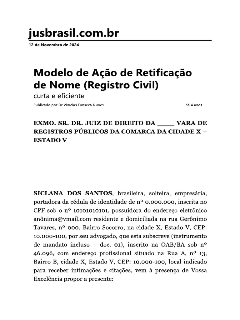 Modelo de Ação de Retificação de Nome (Registro Civil) | PDF