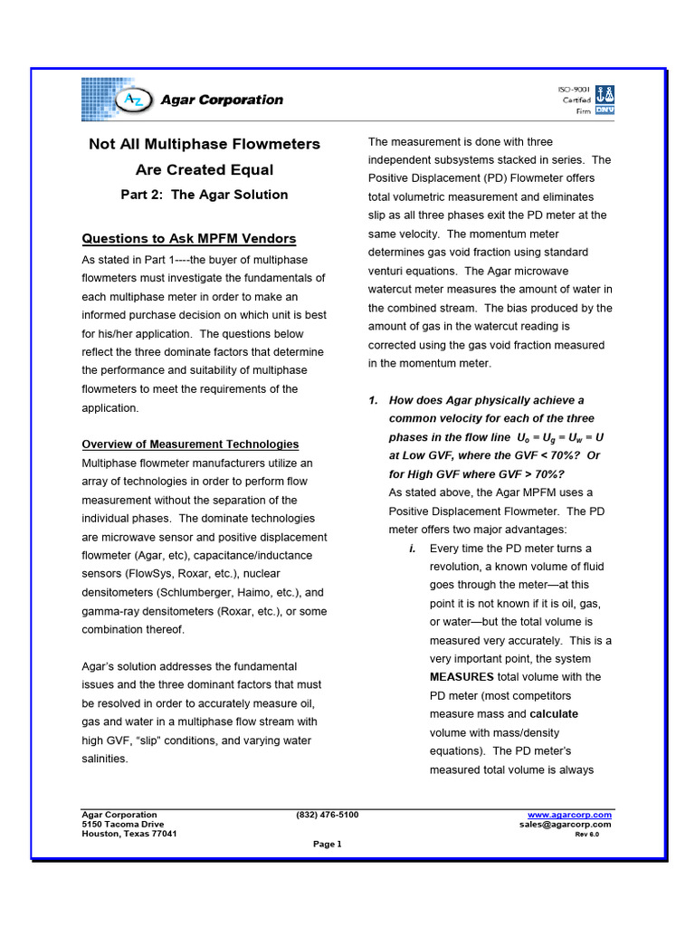 Agar's Advanced Multiphase Flowmeter Solutions | PDF | Flow Measurement ...